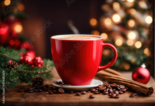 Hot drink with marshmallows . Fir cones, spices in the background. Cozy seasonal holidays