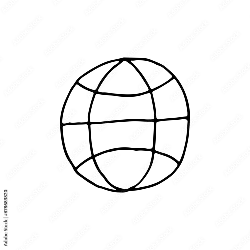 Globe with parallels and meridians. Planet Earth. Doodle. Vector illustration. Hand drawn. Outline.