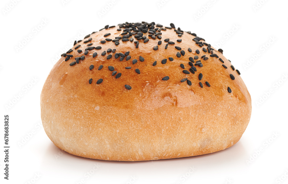 Burger bun with black sesame seeds isolated Burger bun with black sesame seeds isolated