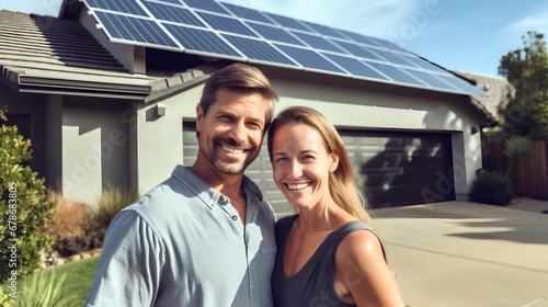 A joyful, ecoconscious couple embraces in front of their modern home equipped with efficient solar panels on the roof, symbolizing a commitment to green energy and sustainable living.