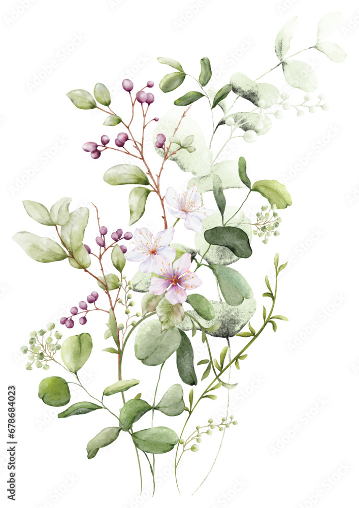 Watercolor floral branch elements