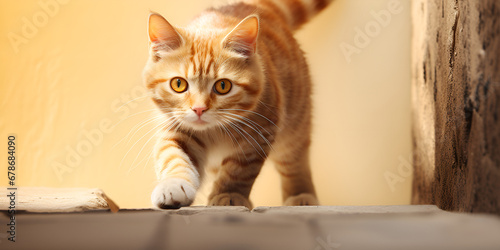 Gentle Curiosity, Male Orange Tabby Kitten Journey with light orange eyes color walking towards camera on the floor with light skin background generative AI