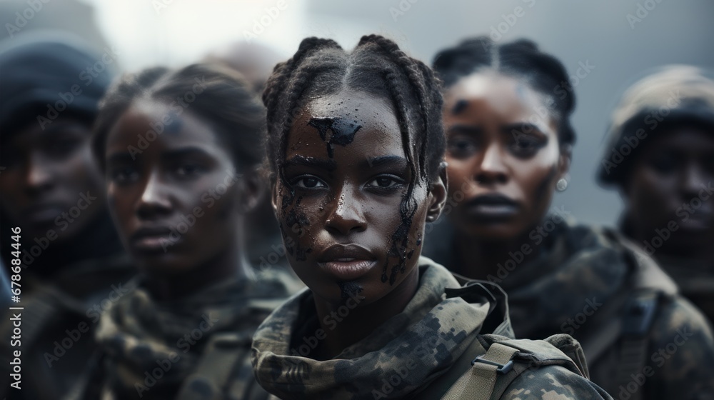 Group of black African female soldiers in digital camouflage uniforms, military