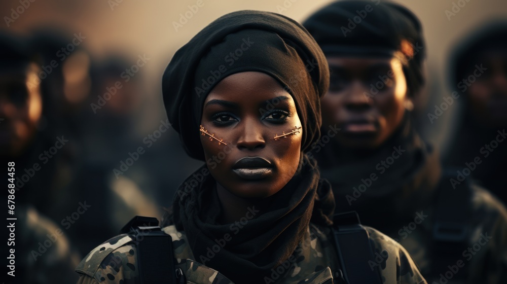 Group of black African female soldiers in digital camouflage uniforms, military