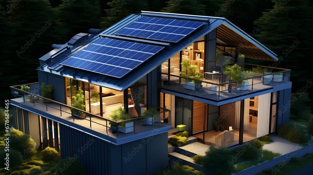 Modern urban apartment building equipped with efficient solar panels on the rooftop, harnessing renewable energy for sustainable living in a city environment.
