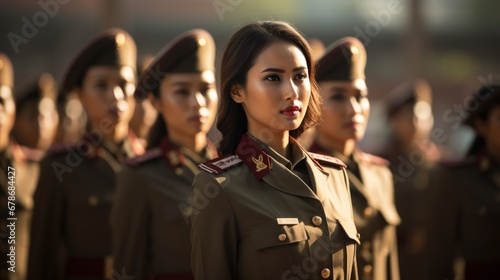 Group of Asian women in military or police uniforms standing at army ceremony