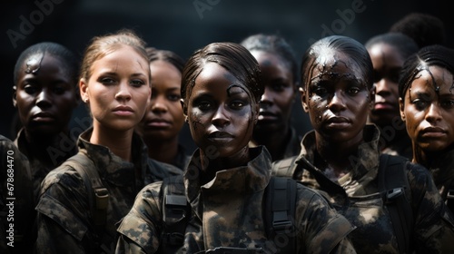 Group of black African female soldiers in digital camouflage uniforms, military photo