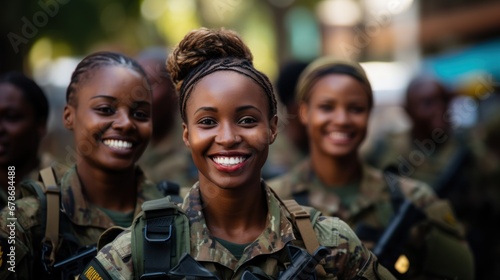 Group of black African female soldiers in digital camouflage uniforms, military photo