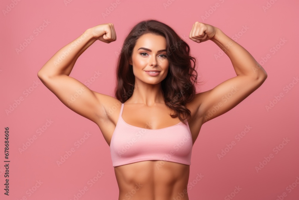  young woman showing her muscles on pink background - obrazy, fototapety, plakaty 
