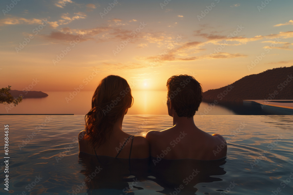 Young beautiful couple side by side standing in the glass-enclosed swimming pool of a luxury hotel or house looking at the sunset over the sea, rear view.generative ai
