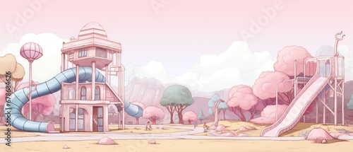 Hand drawn playground landscape cartoon on pastel color background. AI generated photo
