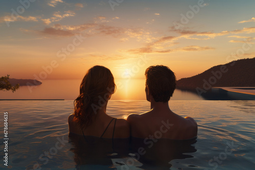 Young beautiful couple side by side standing in the glass-enclosed swimming pool of a luxury hotel or house looking at the sunset over the sea, rear view.generative ai 