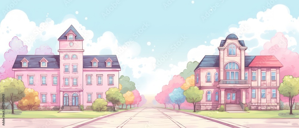 Hand drawn school building cartoon on pastel color background. AI generated
