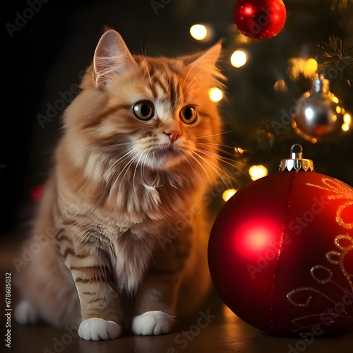 Cheerful Christmas Cat in Red Attire Amid Festive Decor, Spreading Holiday Joy with Christmas Greetings and Celebratory Moments by the Christmas Tree (ID: 678685032)