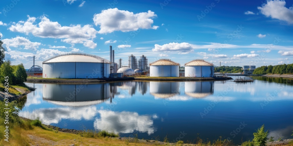 Hydrogen production plant, large metal storage tanks near lake or river.