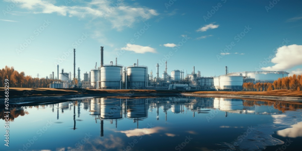 Hydrogen production plant, large metal storage tanks near lake or river.