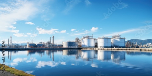 Hydrogen production plant, large metal storage tanks near lake or river.