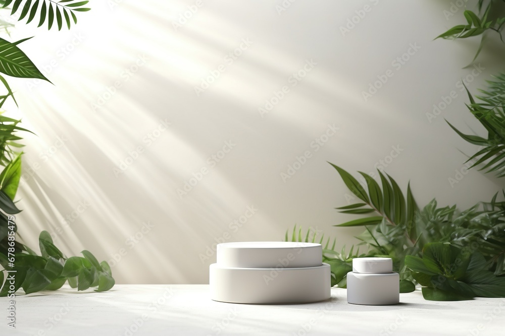 3D White round glossy cylinder podium in various level in dappled sunlight and leaf shadow on white counter by wall background for luxury organic beauty