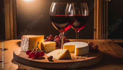 Glass of red wine and a cheese board close-up