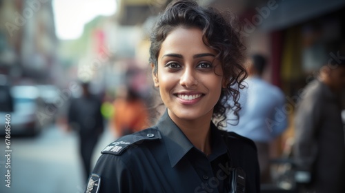 Indian woman working as police officer or cop, closeup portrait, blurred city