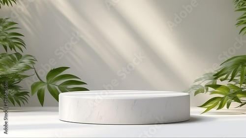 3D White round glossy cylinder podium in various level in dappled sunlight and leaf shadow on white counter by wall background for luxury organic beauty