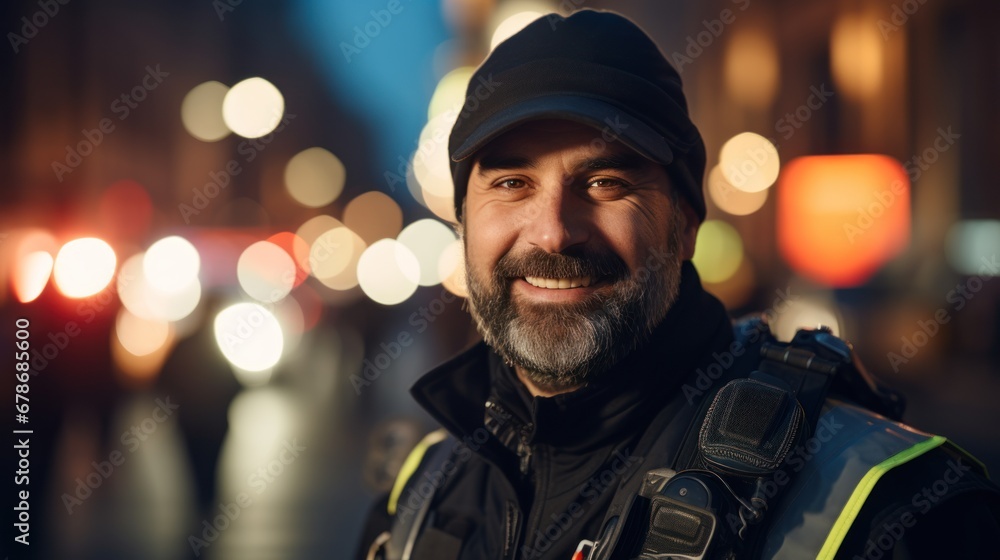 Man working as police officer or cop, closeup portrait, blurred evening city background. Man working as police officer or cop, closeup portrait, blurred evening city background.
