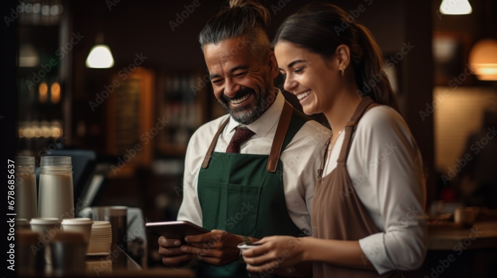 Manager and waiter laughing with design on digital tablet standing with hot coffee in coffee shop