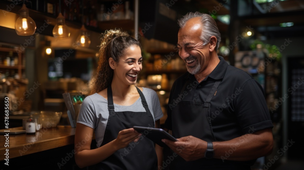 Manager and waiter laughing with design on digital tablet standing with hot coffee in coffee shop Manager and waiter laughing with design on digital tablet standing with hot coffee in coffee shop