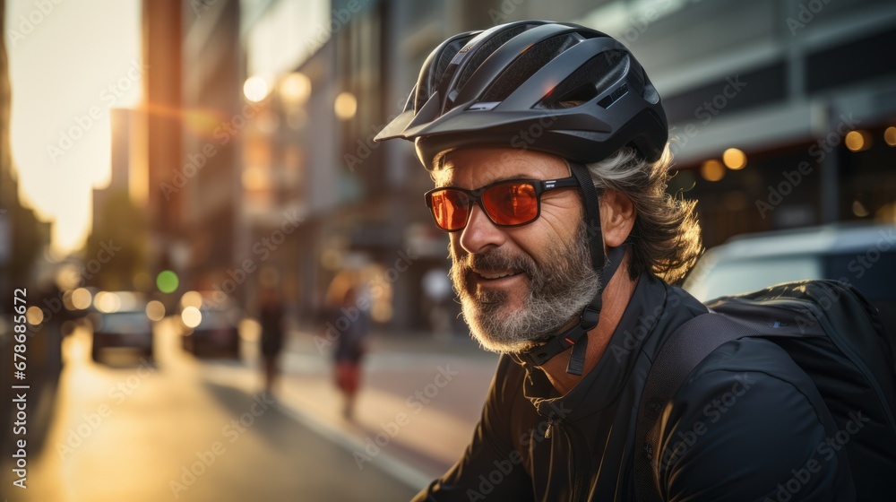 Middle-aged man wearing a bicycle helmet riding a bicycle in the city Middle-aged man wearing a bicycle helmet riding a bicycle in the city