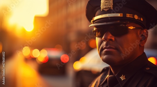 Man working as police officer or cop, closeup portrait, blurred evening city background. photo