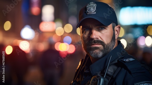 Man working as police officer or cop, closeup portrait, blurred evening city background.