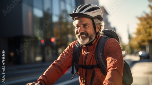 Middle-aged man wearing a bicycle helmet riding a bicycle in the city