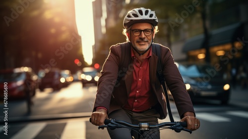 Middle-aged man wearing a bicycle helmet riding a bicycle in the city photo