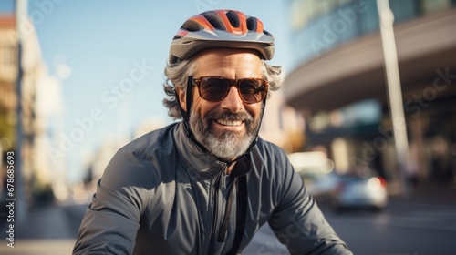 Middle-aged man wearing a bicycle helmet riding a bicycle in the city