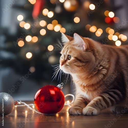 Amidst Festive Decor, a Cheerful Christmas Cat in Red Attire Spreads Holiday Joy with Christmas Greetings and Celebrates by the Christmas Tree (ID: 678686044)
