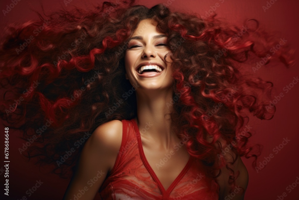 Smiling woman with long curly hair, Smiling woman with long curly hair,
