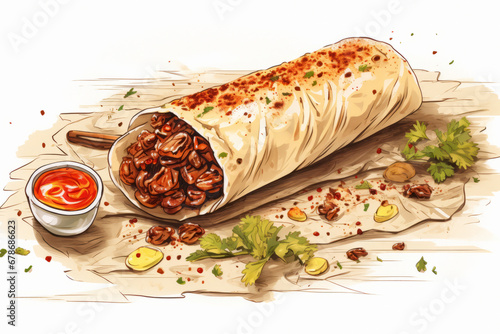 Vector illustration of durum kebab typical food in morocco with white background.Chicken tortilla wrap hand-drawn. Vector doodle style cartoon.generative ai
