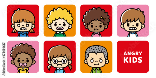 Set of icons of multiracial children with angry faces