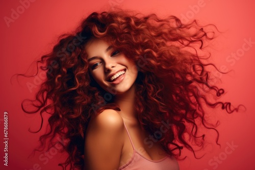 Smiling woman with long curly hair,
