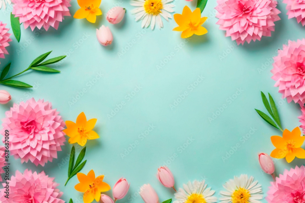 Spring flowers on blue background. Flat lay, top view, copy space.IA generativa Spring flowers on blue background. Flat lay, top view, copy space.IA generativa