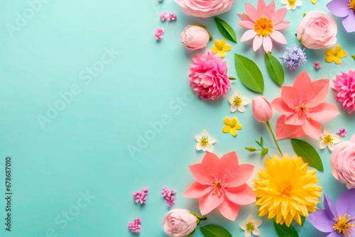 Colorful spring flowers on pastel blue background. Flat lay, top view.IA generativa