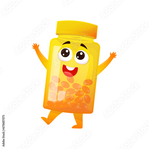 Cartoon volumetric cheerful character of a bottle with vitamins.Vector illustration of a medical bottle with medicines and big eyes and a smile.Children's character isolated  for web, print