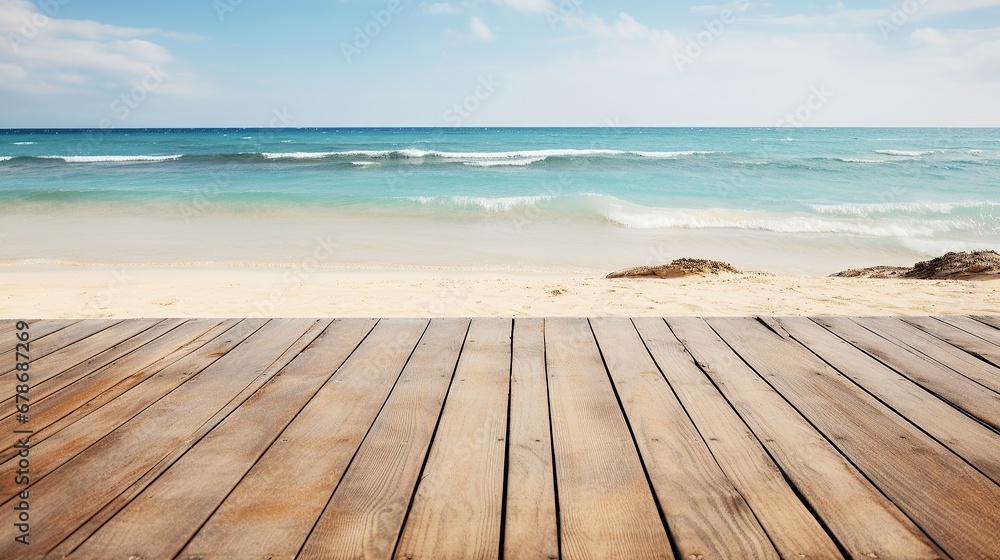 Fototapeta premium Rustic wooden floor as product mockup with clear beach as background. Empty wooden planks with blur beach on background.