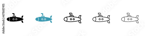 Submarine vector icon set. Undersea nuclear warfare submarine symbol in black and white color.