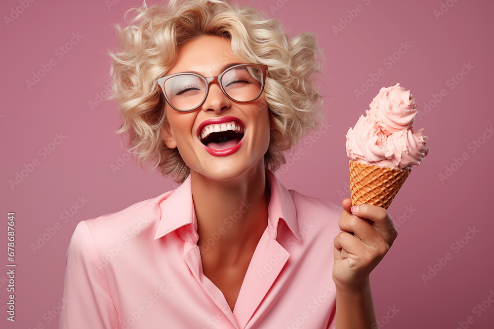 Attractive blonde woman holding ice cream. Generative AI