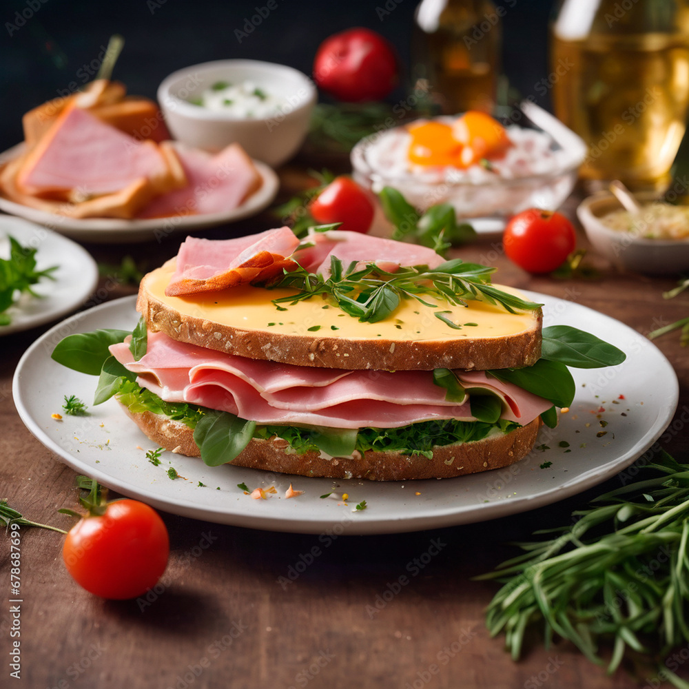sandwich with ham, herbs and cheese