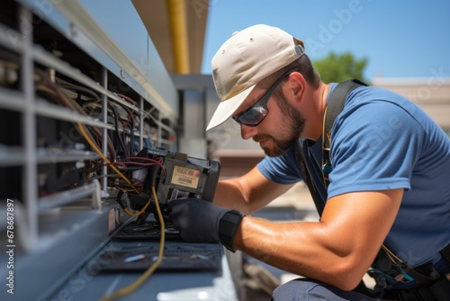 Technician working on outdoor air conditioner