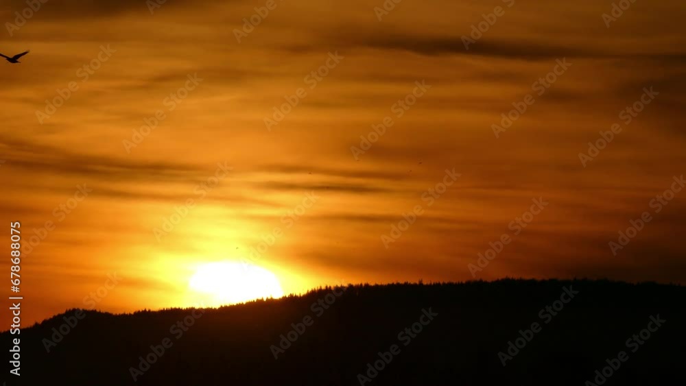 Sky with orange clouds, yellow sunrise, dark horizon of forests in mountains and birds in flight during rising sun in autumn morning - slow motion. Sky with orange clouds, yellow sunrise, dark horizon of forests in mountains and birds in flight during rising sun in autumn morning - slow motion.