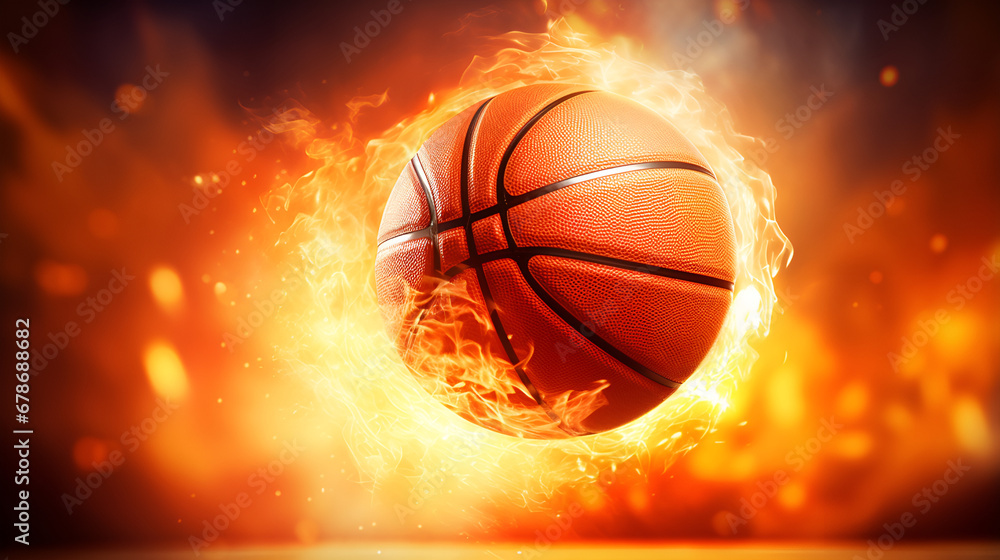 Golden Flames and Champion's Glow, Golden Flames Showdown A Championship Odyssey and Basketball Brilliance Hoop Majesty and Championship Euphoria on fire background generative AI