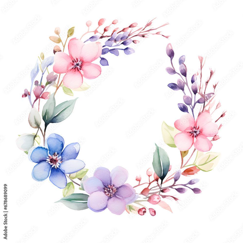 Watercolor wreath of beautiful spring flowers and twigs. Stock illustration